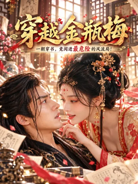 穿越题材短剧海报，男女主角在书页与烛火间对视