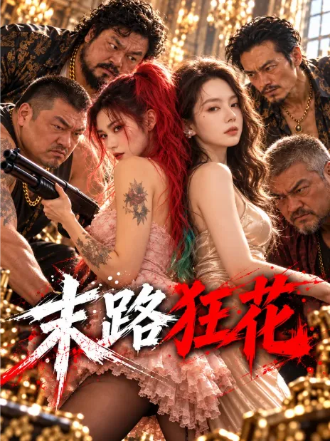 都市动作题材短剧海报，红发女主角被一众人物围在中间