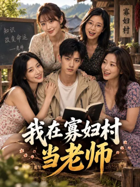 乡村校园题材短剧海报，年轻老师与学生坐在村口合影