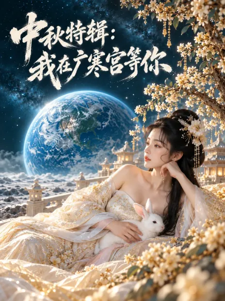 中秋奇想题材短剧海报，女子抱着白兔坐在月色花树下
